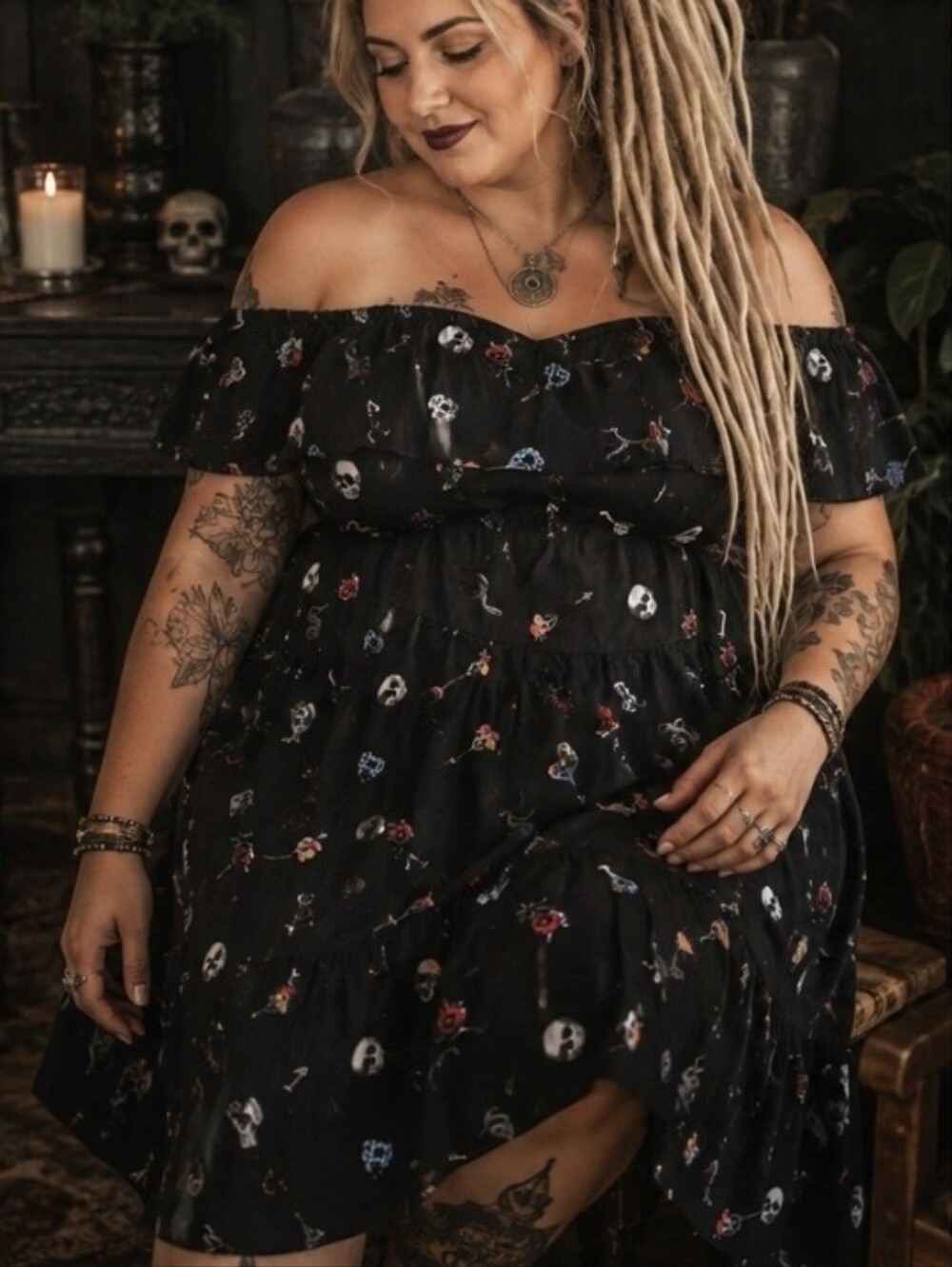 4/$15 Torrid 3X Prairie Skull Print Ruffle Maxi Dress Black Goth Witchy Boho
